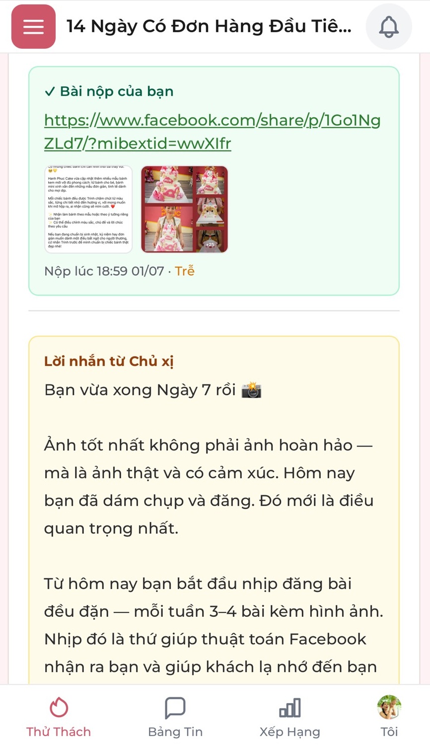 Màn hình app trên điện thoại — bài nộp Ngày 7 và lời nhắn từ Chủ xị