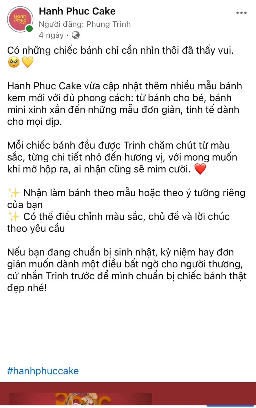 Bài đăng Facebook thật của Hạnh Phúc Cake