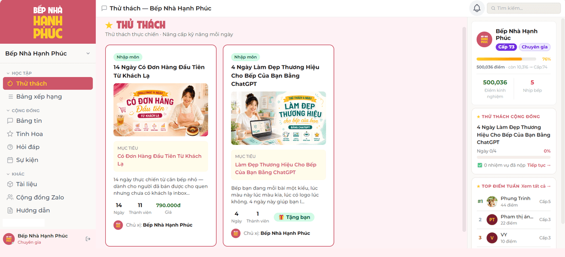 Giao diện nền tảng Thử thách Bếp Nhà Hạnh Phúc